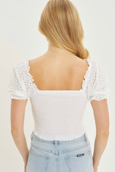 White Woven Solid Cotton Eyelet Smocked Top