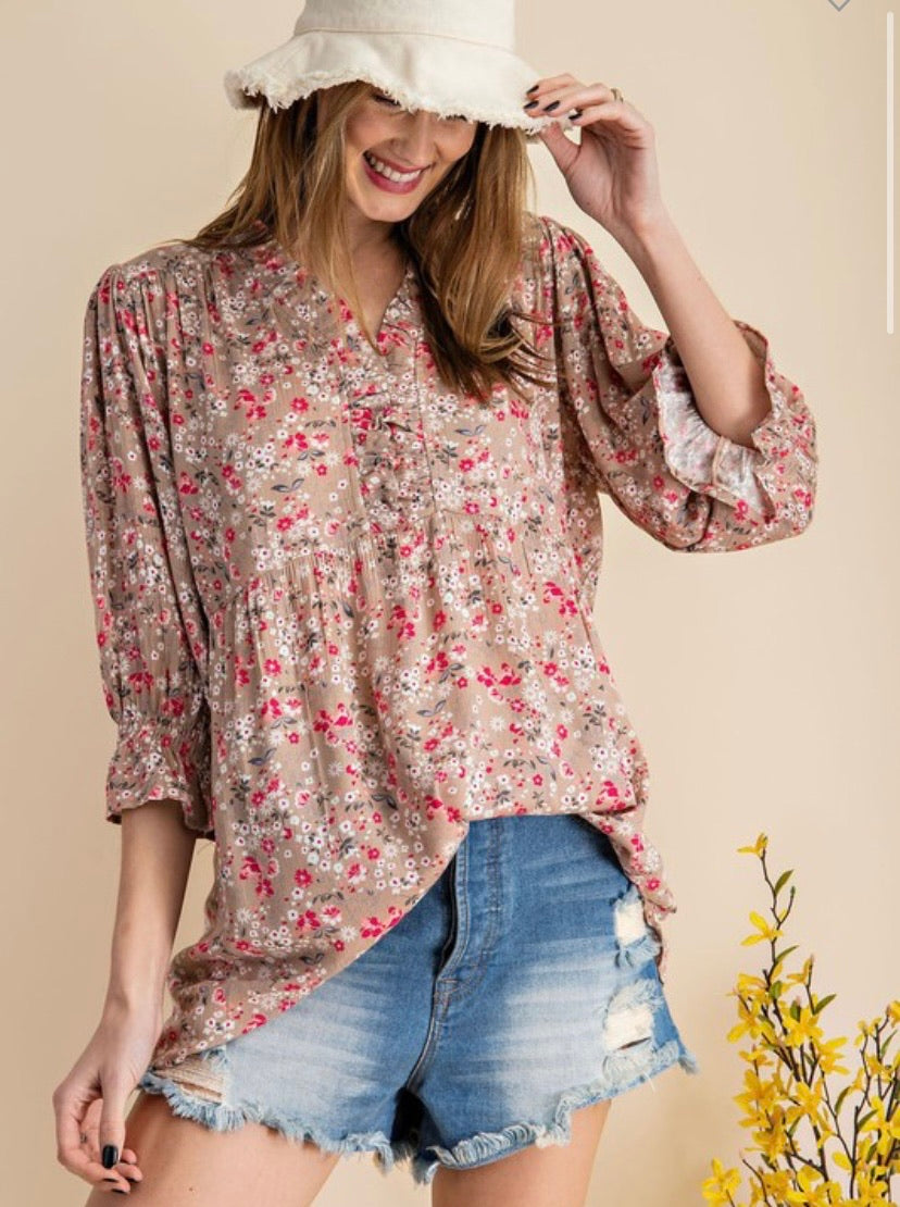 Khaki Floral Printed Tunic Top