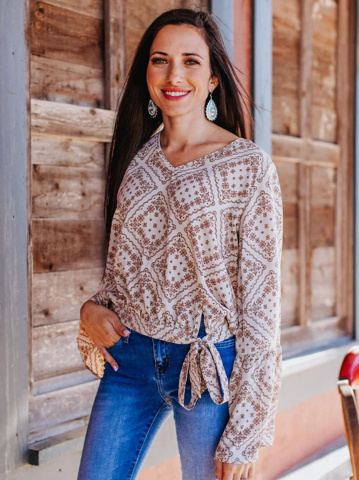 Beige Printed Top with Waist Tie