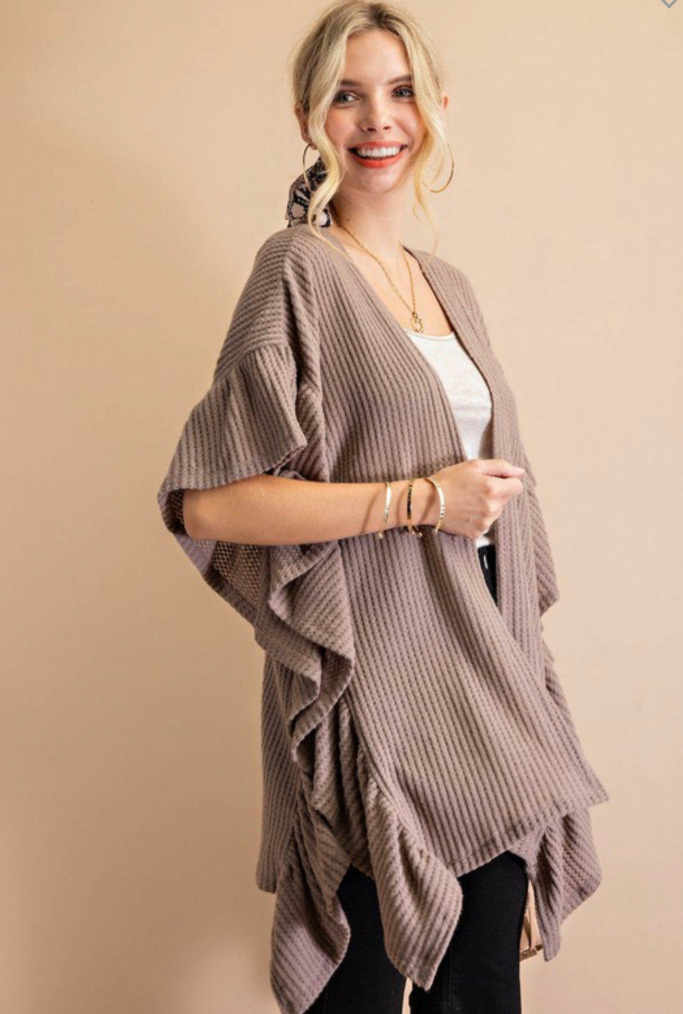 Mocha Thermal Ruffle Sleeve Kimono