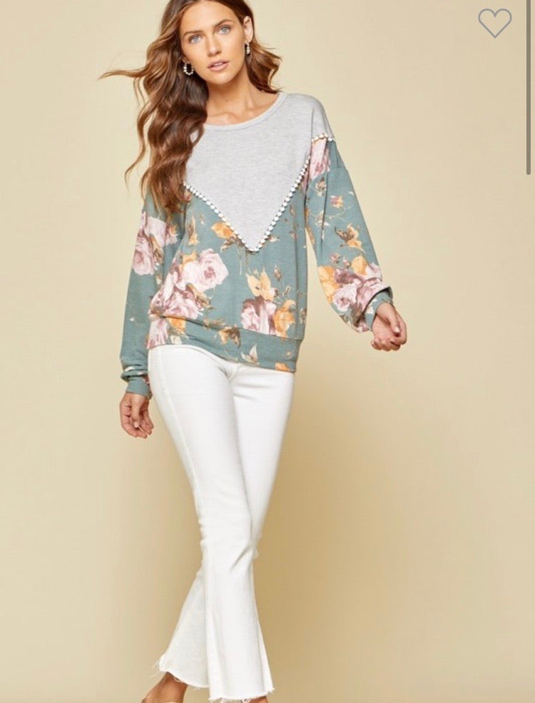Teal Gray Knit Tunic w/ Floral Print