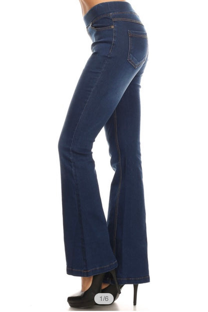 Dark Denim Pull On Flare Jeans