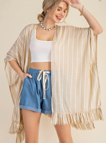 Taupe and White Striped Ruffle Edge Kimono