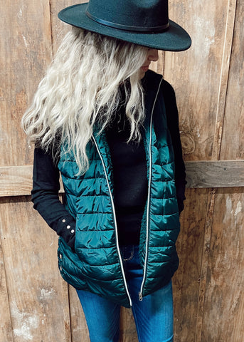Dark Green Puffy Sherpa Lined Vest