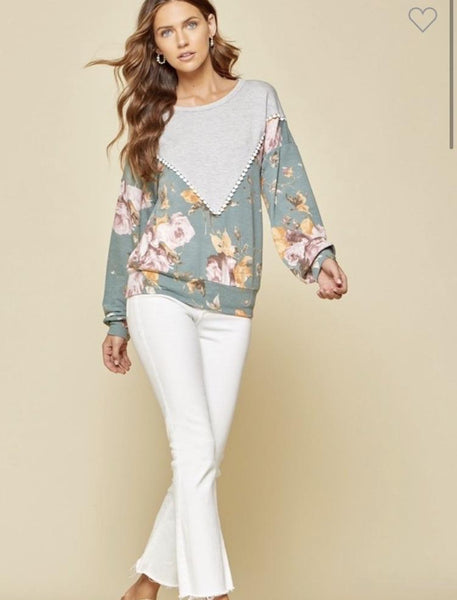 Teal Gray Knit Tunic w/ Floral Print- Plus