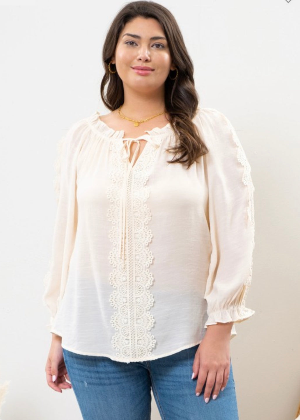 Cream Lace Puff Long Sleeve Top- Plus