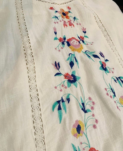Off White Linen Floral Embroidered Lace Trimmed Top