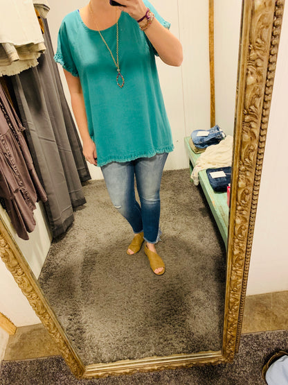Emerald Linen Short Sleeve Floral Print Back Top - Plus