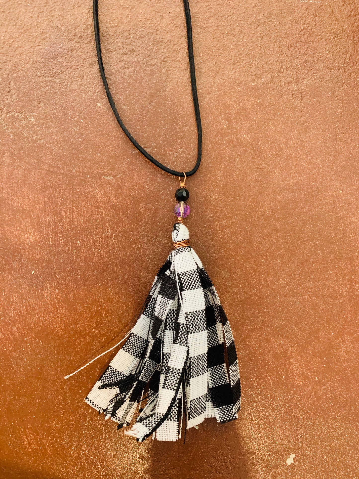Suede Cord Necklace with Plaid Tassel - BB