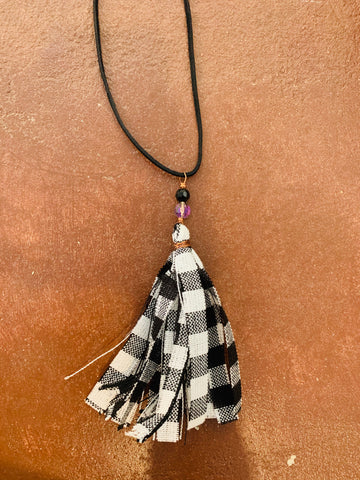 Suede Cord Necklace with Plaid Tassel - BB