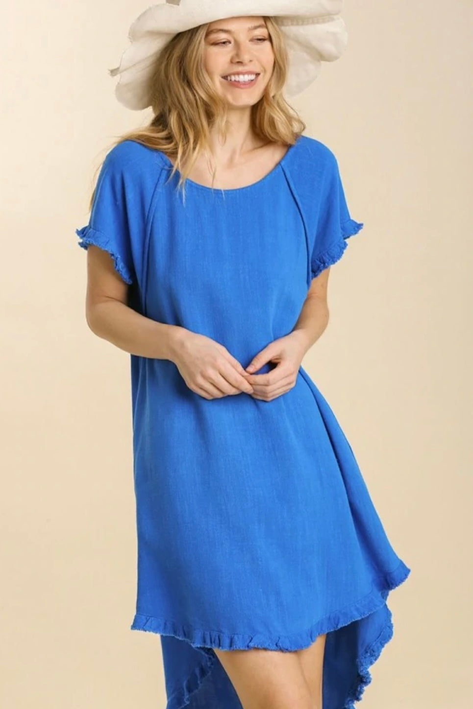 Cobalt Blue Linen Blend Ruffle Sleeve Dress w/ Ruffle Hem- Plus