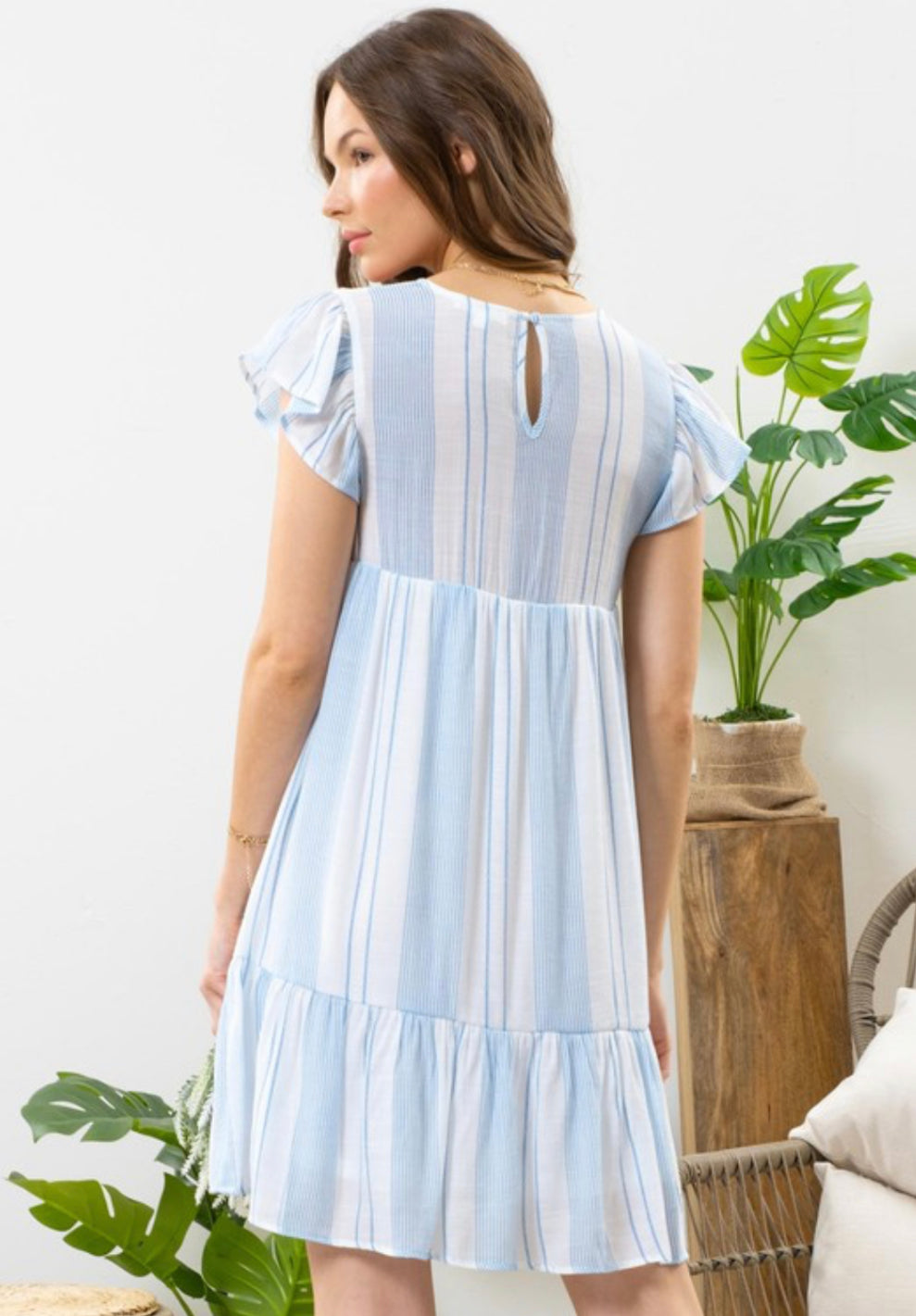 Blue Multi Striped Floral Embroidered Dress