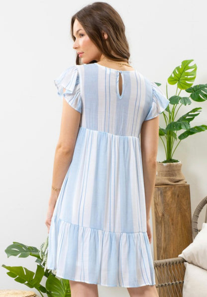 Blue Multi Striped Floral Embroidered Dress