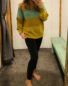 Green Multi Color Block Bubble Sleeve Sweater
