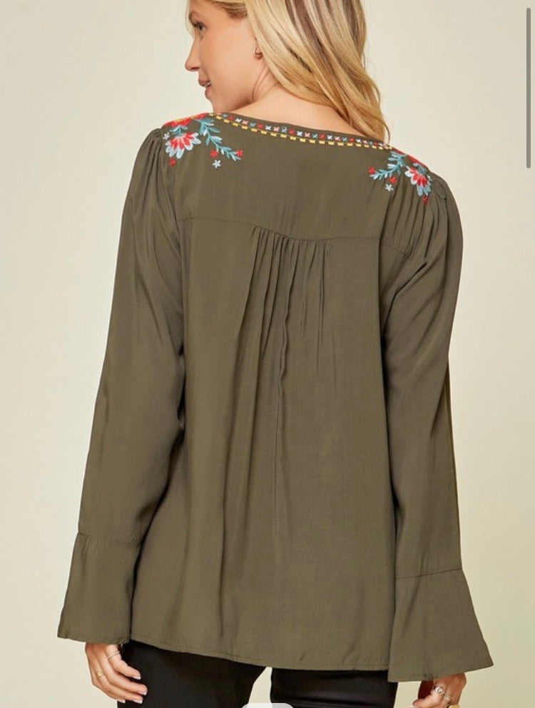Dark Olive Floral Embroidery Detail w/ Bell Sleeve Top