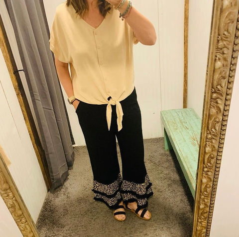 Black Linen Blend Animal Print Fringed Layered Wide Leg Pants
