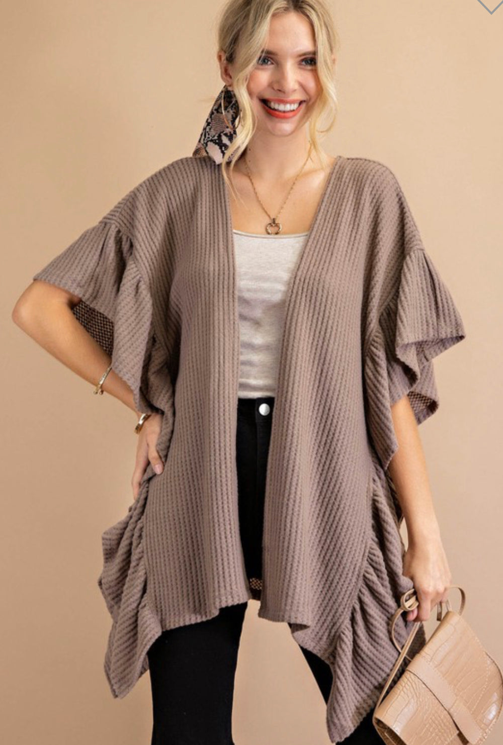 Mocha Thermal Ruffle Sleeve Kimono