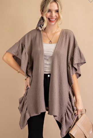 Mocha Thermal Ruffle Sleeve Kimono