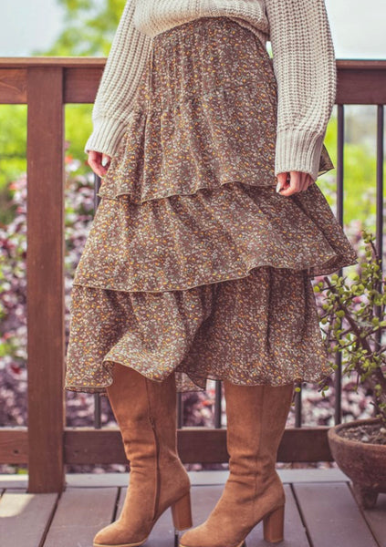 Mocha-Floral Tiered Skirt