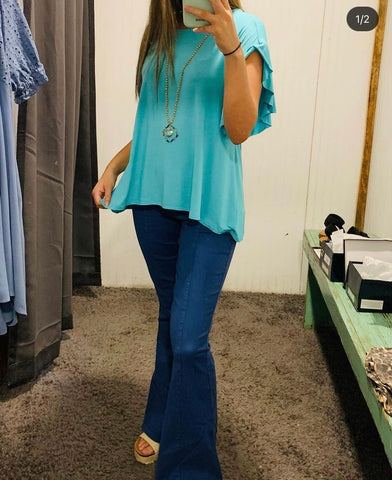 Emerald Wide Neck Top with Ruffled Sleeves