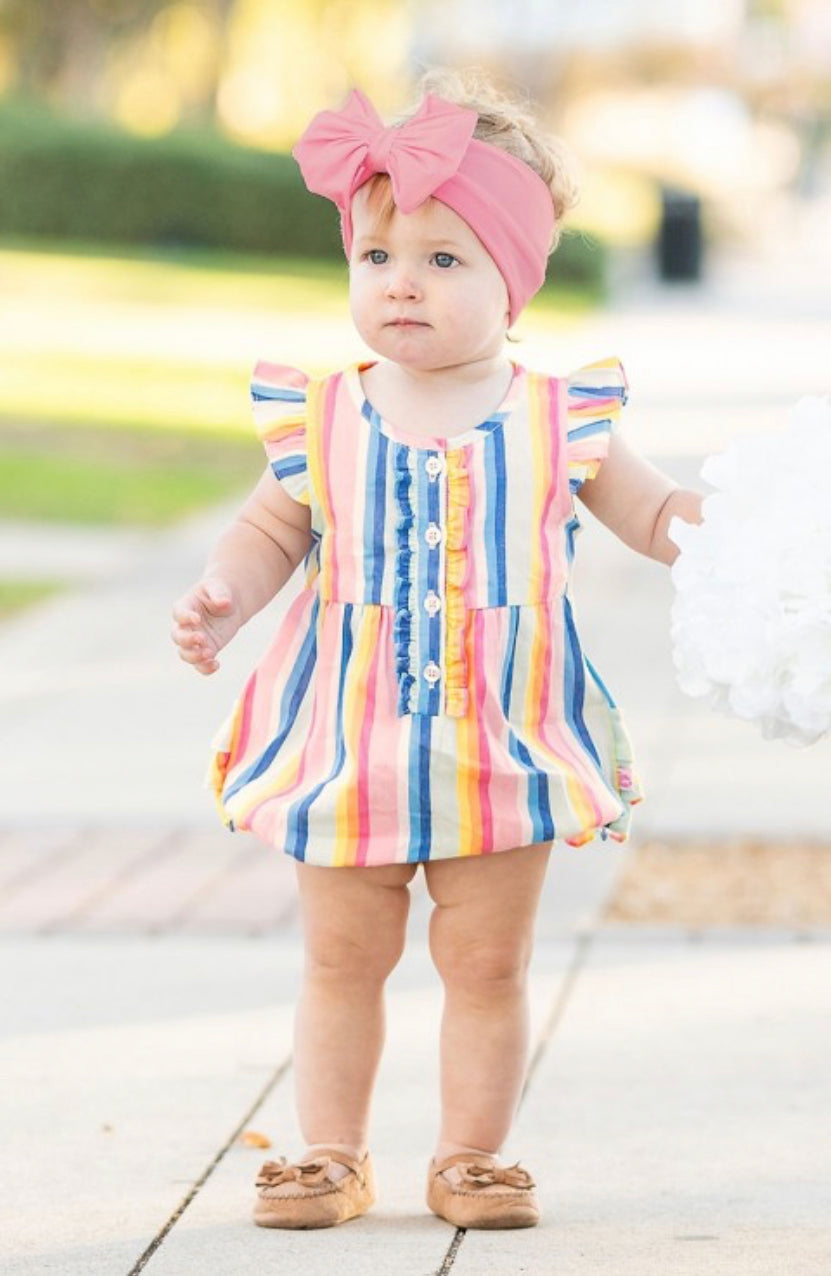 Playful Stripe Ruffle Placket Bubble Romper- Kids