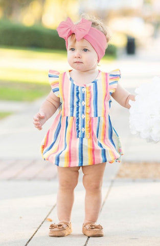 Playful Stripe Ruffle Placket Bubble Romper- Kids
