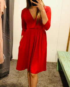 Dark Red 3/4 Sleeve Pocket Dress