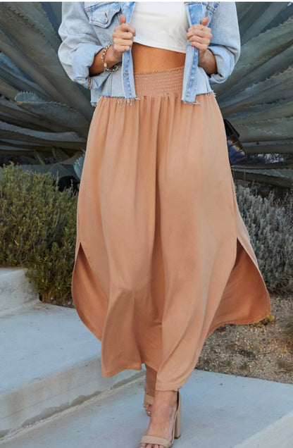 Camel Smocking Waistband Maxi Skirt w/ Side Slits