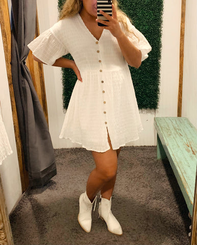 White Front Button Short Sleeve Mini Dress