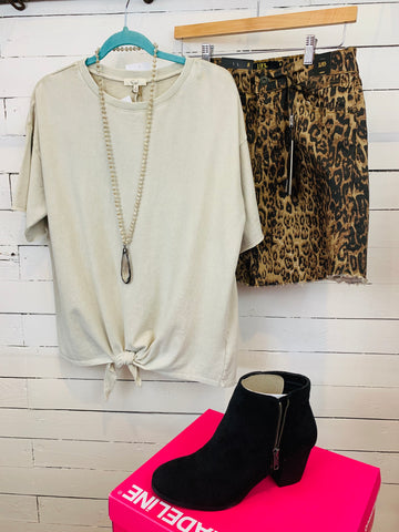 Khaki Short Sleeve Knotted Top