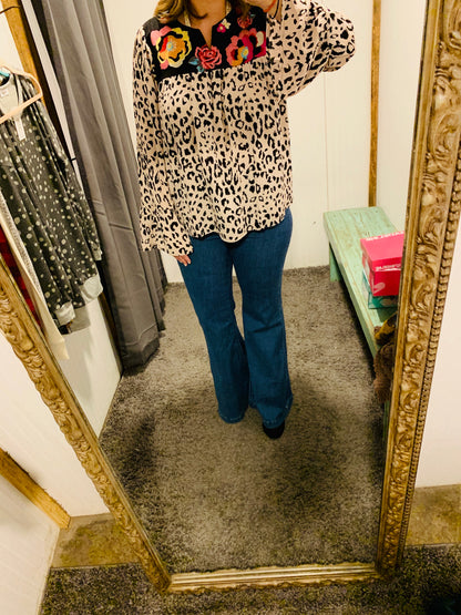 Light Pink Leopard w/ Floral Embroidery Top