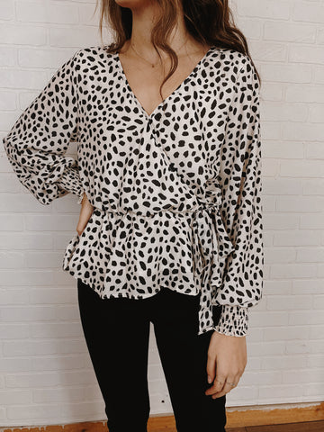 Ivory Black Dotted Peplum Long Sleeve Top