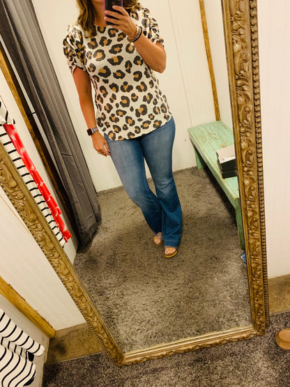 Leopard Puff Short Sleeves Mini Thermal Top - White