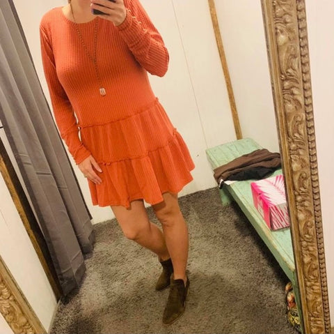 Burnt Orange Tiered Ruffle Waffle Knit Dress