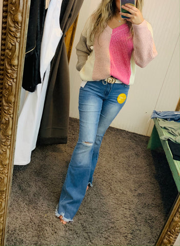 Mauve Combo Color Block V-neck Sweater