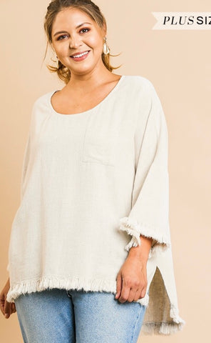 Oatmeal Linen Long Bell Sleeve Round Neck Top -Plus