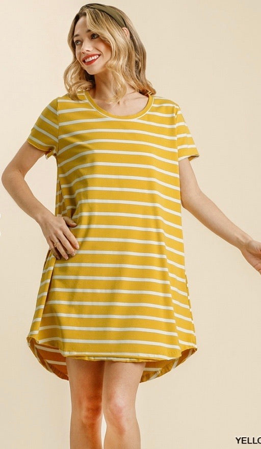 Yellow Horizontal Striped Round Neck Pocket Dress