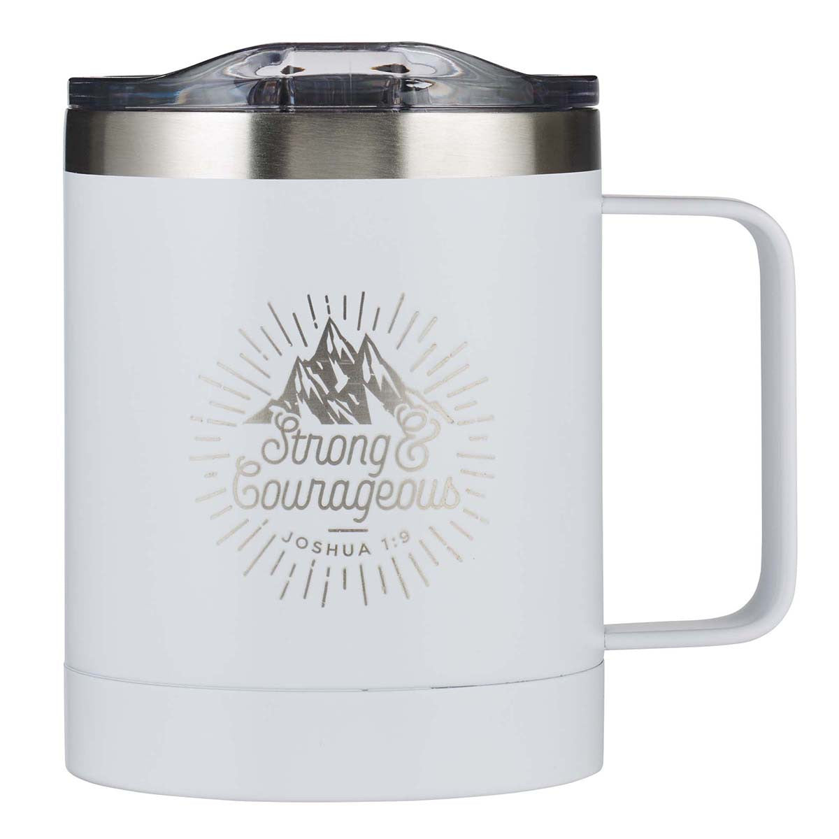 White Travel Mug Strong & Courageous