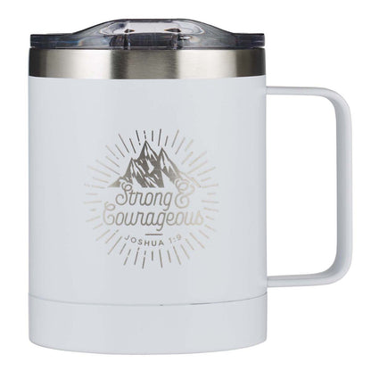 White Travel Mug Strong & Courageous