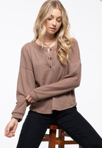 Cocoa Front Button Waffle Knit Top