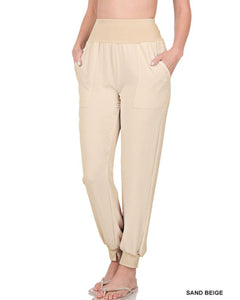 Sand Beige Woven Airflow Wide Waistband Joggers