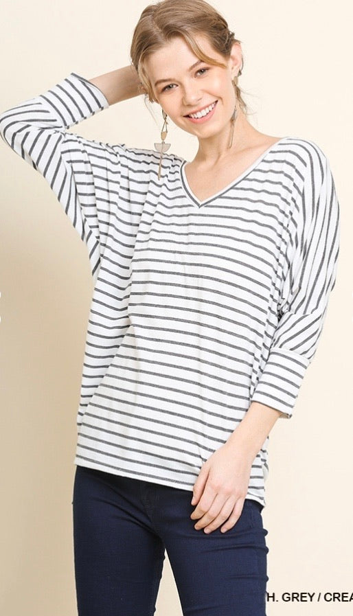Heather Gray/Cream Striped 3/4 Dolman Sleeve Top