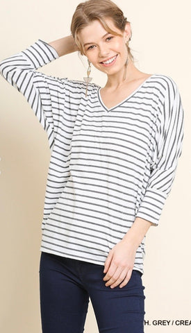 Heather Gray/Cream Striped 3/4 Dolman Sleeve Top