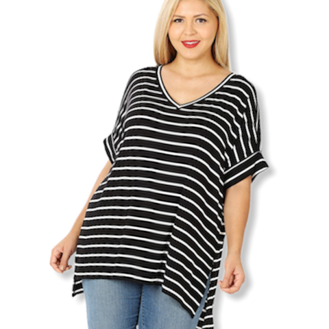 V-neck Black & White Stripe Knit Top- Plus