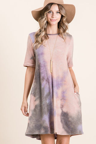 Mauve Rose Tie Dye Mini Dress w/ Pockets
