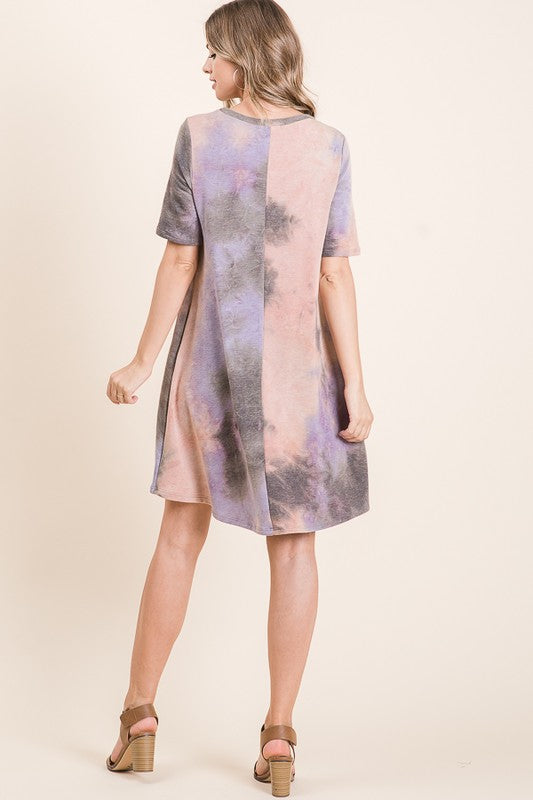 Mauve Rose Tie Dye Mini Dress w/ Pockets