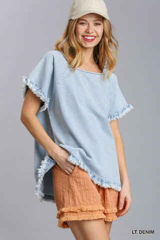 Light Denim Short Sleeve Pintuck High Low Fringe Hem Top