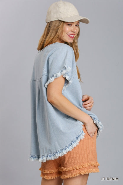 Light Denim Short Sleeve Pintuck High Low Fringe Hem Top