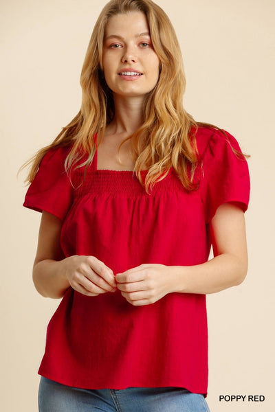Red Square Neck Smocked Short Sleeve Top