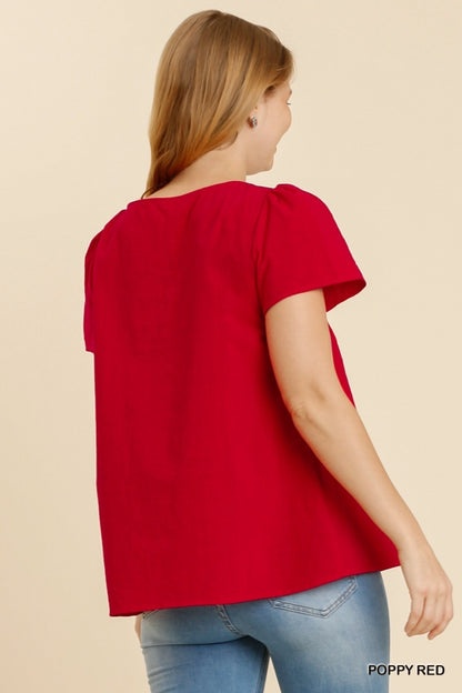 Red Square Neck Smocked Short Sleeve Top